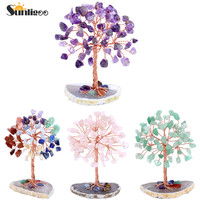 Sunligoo Super Mini kryształ drzewko szczęścia drut miedziany owinięte W/agat kromka baza kamień Reiki Chakra Feng Shui drzewa Home Decor 1